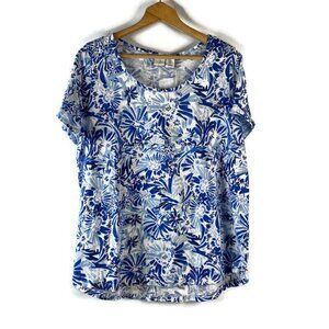 Joie Womens Tunic Blouse Shirt Top Size 1X Blue Floral Scoop Neck Short Sleeve